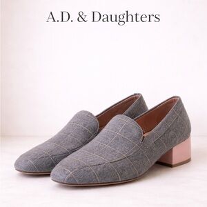 A.D. & Daughters Grey Wool Grid Loafers Pink Block Heel Size 8.5 NWOB